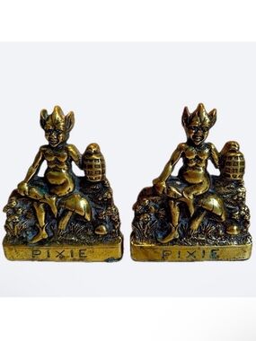 RARE‼️ ANTIQUE BRONZE DARTMOOR ENGLAND PIXIE ELF MUSHROOM GOTHIC STATUE BOOKENDS